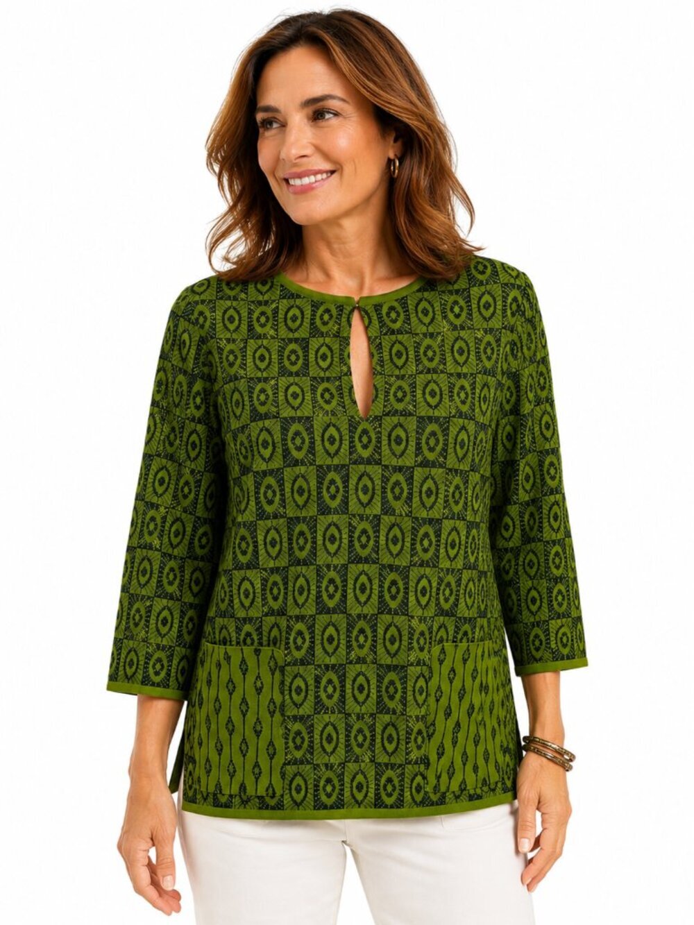Pisonero Knit Top 3/4 Sleeves Artsy Abstract Green Blue Metallic Spain Size XS